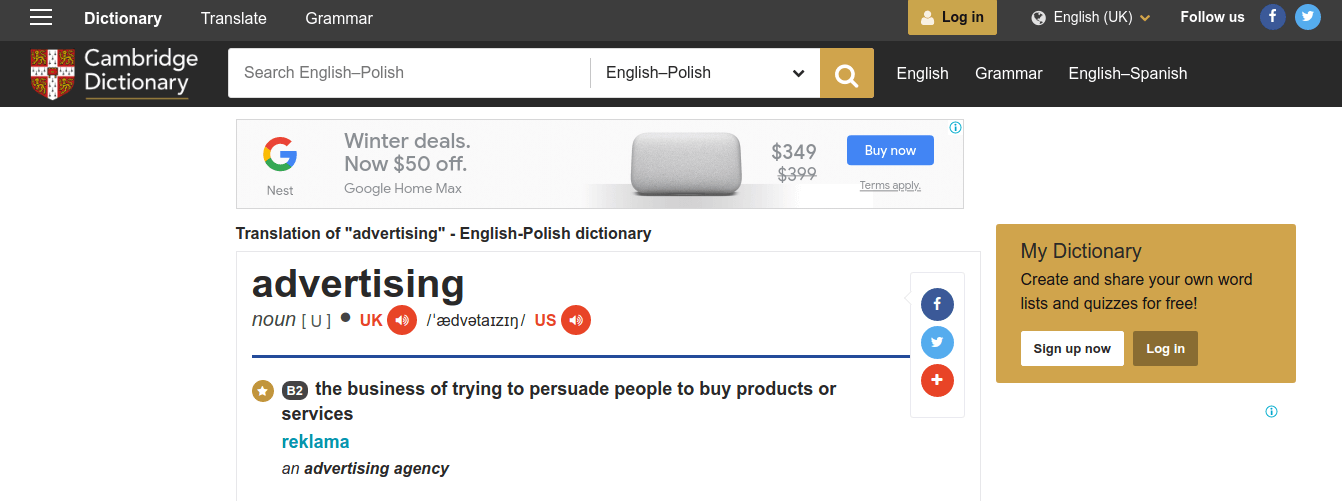 Example of a display in web browser